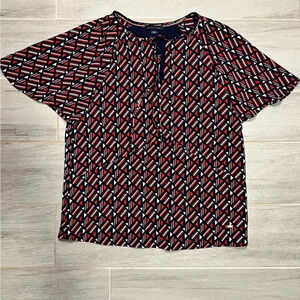 Tommy Hilfiger Red, White and Blue geometrical v neck blouse, Women’s Size XXS